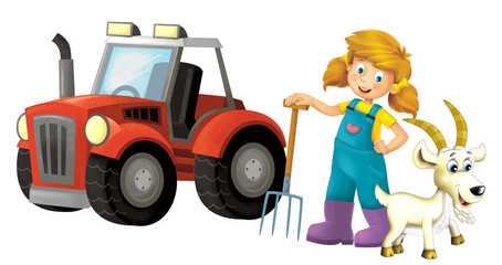 cartoon scene with farmer girl standing with pitchfork and farm animal goat isolated background illustation for children