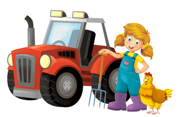 cartoon scene with farmer girl standing with pitchfork and farm animal isolated background illustation for children