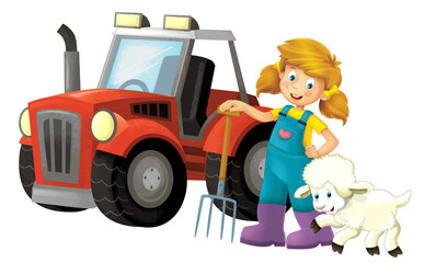 cartoon scene with farmer girl standing with pitchfork and farm animal sheep isolated background illustation for children