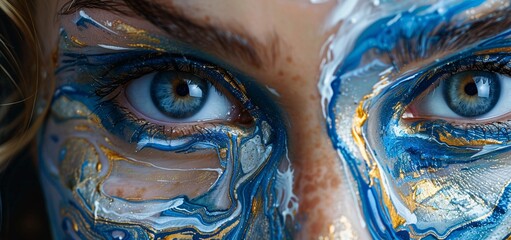 Abstract Gold and Blue Face Paint, Close-Up of Woman's Eyes, Artistic Makeup Detail