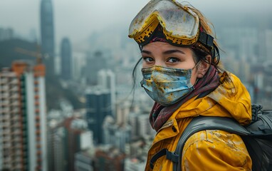 Showing a female worker amidst urban transformation, wearing her safety gear