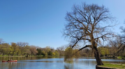 Fototapeta na wymiar a tall, leafless tree by a pond under a clear blue sky. People are seen enjoying paddle boating