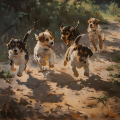 group of dogs running along the dirt road