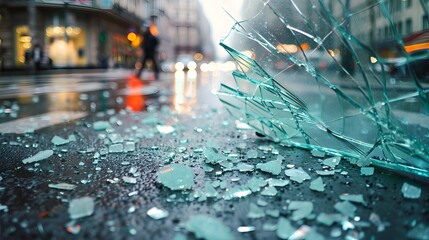 Shattered glass in the street.