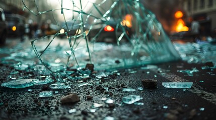 Shattered glass in the street.