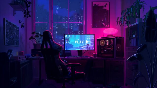 Cozy gaming room with futuristic style and neon light. looping time-lapse video background