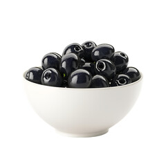 black pitted olives in a wide bowl on transparent background