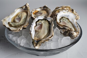 A bowl of oysters with ice in the background. The oysters are cut in half and are displayed in a glass bowl