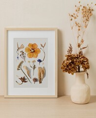 Autumn flowers, nature design on a picture frame, beige home decor