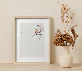 Japanese art of a bird, nature design on a picture frame, clean home decor