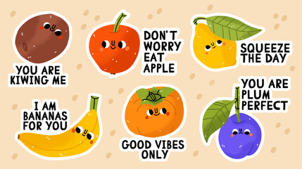 Fruit cartoon stickers. Comic character of apple, banana, kiwi, lemon, plum, persimmon with slogan, quotes and other elements for planner. Groovy summer vector. Fruit pun with smiling characters