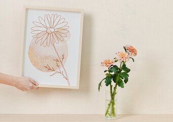 Aesthetic line art, feminine floral design on a picture frame, beige home decor