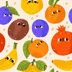 Seamless pattern with hand drawn fruits. Vegetarian healthy food vector texture. Vegan, farm, organic, detox. Colorful design for kids or kitchen textile, fabric, paper. Cute doodle style emoticon