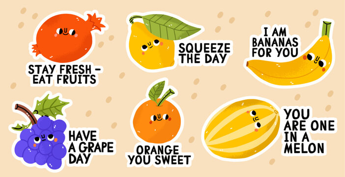 Fruit cartoon stickers. Comic character of apple, banana, kiwi, lemon, plum, persimmon with slogan, quotes and other elements for planner. Groovy summer vector. Fruit pun with smiling characters