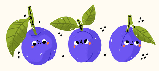 Cartoon plum with faces. Cute modern childish drawing style vector illustration of fruits. Isolated on white background. Kawaii, doodle illustration. Plum with different emotions

