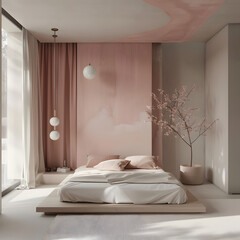 bedroom with minimalist pink decor