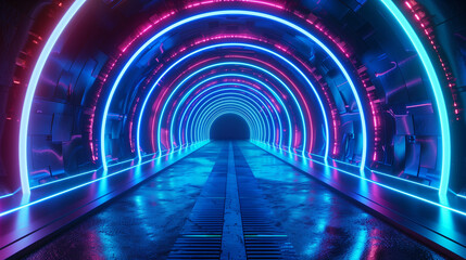 A tunnel with neon lights is shown in a blue color. The tunnel is long and narrow, and it is a futuristic tunnel