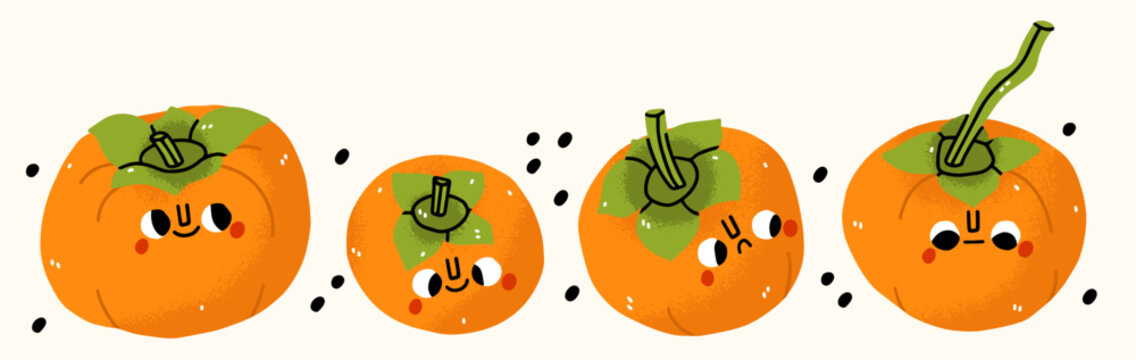 Set cartoon persimmon character with kawaii set. Good vibe only. Isolated on white background. Kawaii, doodle illustration. Design for t shirts, stickers, posters, cards etc	