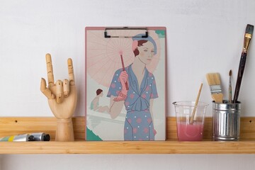 Vintage woman artwork on clipboard, art class decor