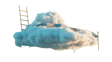 Floating bed on clouds with stairs isolated on transparent background, peace, dream and relaxation.