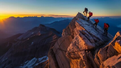 Four climbers ascend steep, jagged ridge in dramatic sunrise light, silhouetted against golden sky and vast mountain panorama.  - Powered by Adobe