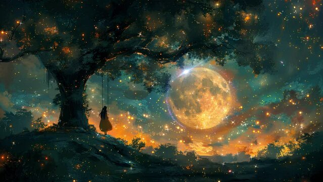 girl daydreaming under a big tree enjoying the sky in anime style