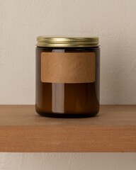 Scanted candle with brass lid, blank brown label, home spa aroma