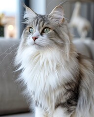 Majestic long-haired cat with striking green eyes sitting on a couch, showcasing its luxurious fur and calm demeanor in an elegant home setting