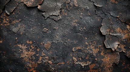 A black and brown wall with a lot of cracks and peeling paint