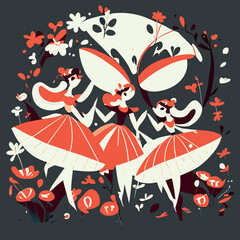 whimsical illustration of fairies dancing in a forest, vector illustration flat 2