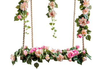 Wooden swing decorated with flowers and leaves isolated on transparent background