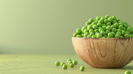 Fresh green peas in wooden bowl in big copy space
