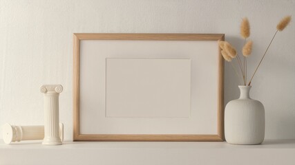 Blank photo frame, clean beige home interior decor