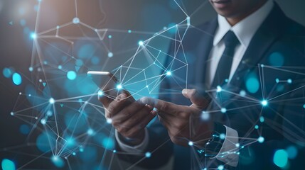 Businessman drawing growth graph chart sales and data economic on global structure networking connection.