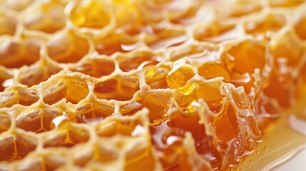 A close up of honeycomb with honey dripping from it - Powered by Adobe