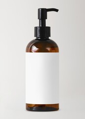 Brown dispenser bottle, blank white label, skincare product packaging