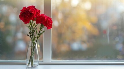 Red carnations on white table background image