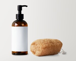Brown dispenser bottle with loofah scrub