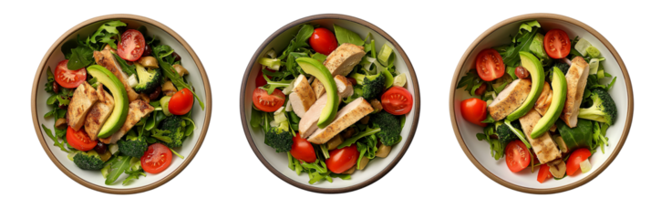 Healthy salad with chicken, avocado, cherry tomatoes and arugula isolated on a transparent background. Top view.