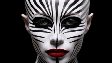 Fototapeta premium A fashion-forward female model showcases an eye-catching face paint design inspired by zebra stripes. Her bold red lips add a touch of glamour to this striking and creative look.