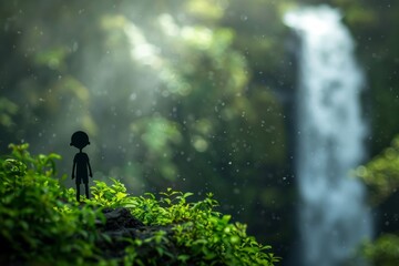A small figure stands on a hillside next to a waterfall