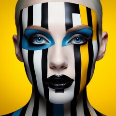 Model flaunts an avant-garde makeup look featuring striking blue eyes, dark black lips, and vibrant colorful stripes. This bold and captivating style radiates confidence and creativity.