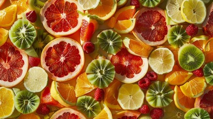 A variety of citrus fruits, kiwi, and strawberries are arranged in a colorful pattern.