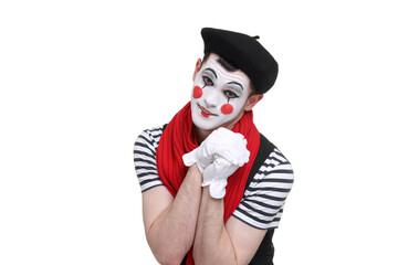 Funny mime artist in beret posing on white background