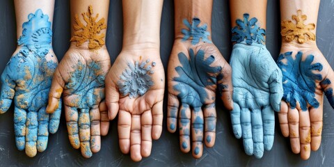Set of Hands Decorated with Blue Paint and Floral Patterns, Expressing Artistic Style