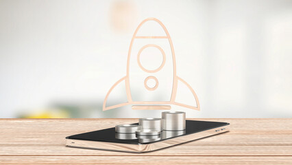 The rocket and coins on mobile for startup or technology concept 3d rendering.