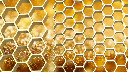 The gold hexagon or beehive pattern on Bokeh Background for sci or medical concept 3d rendering.