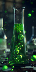 Título Béquer de Química com líquido verde borbulhante