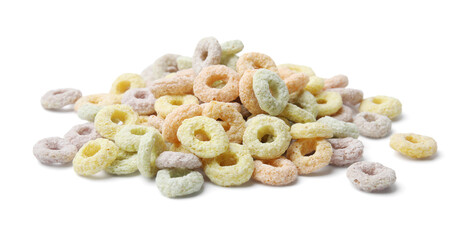 Pile of tasty cereal rings isolated on white