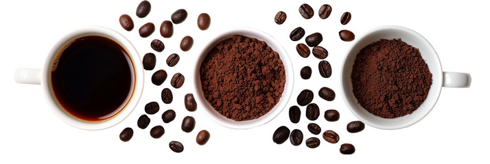 Coffee cup with coffee beans isolated on a transparent background. Top view